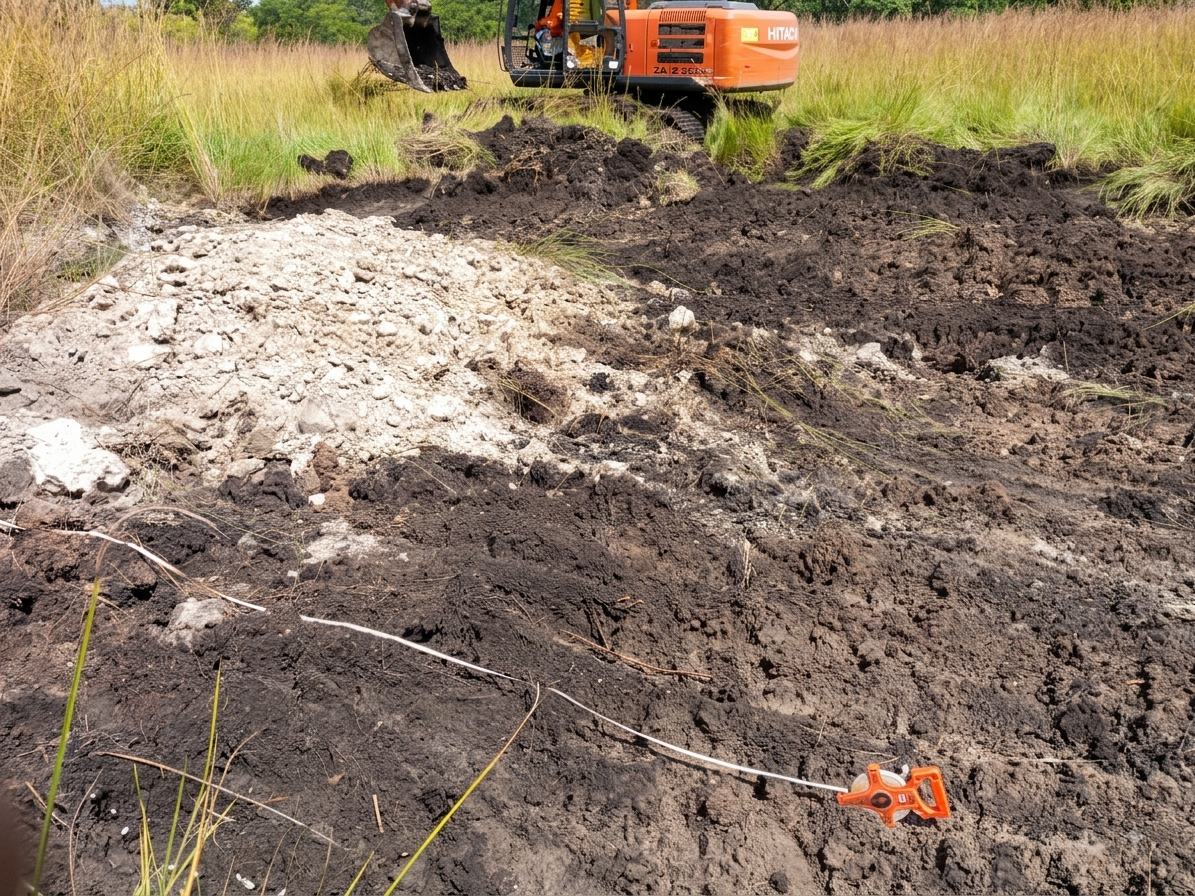 Pelle excavatrice Hitachi orange en cours d'excavation dans une zone de savane/herbes hautes, avec un decamètre (ruban de mesure) orange au premier plan posé sur le sol décapé à côté d'un tas de terre claire.
