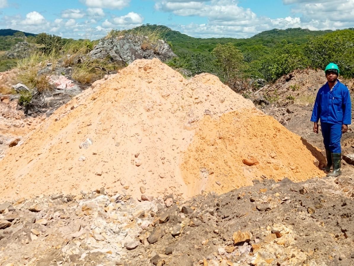Ouvrier entre deux tas de minerai